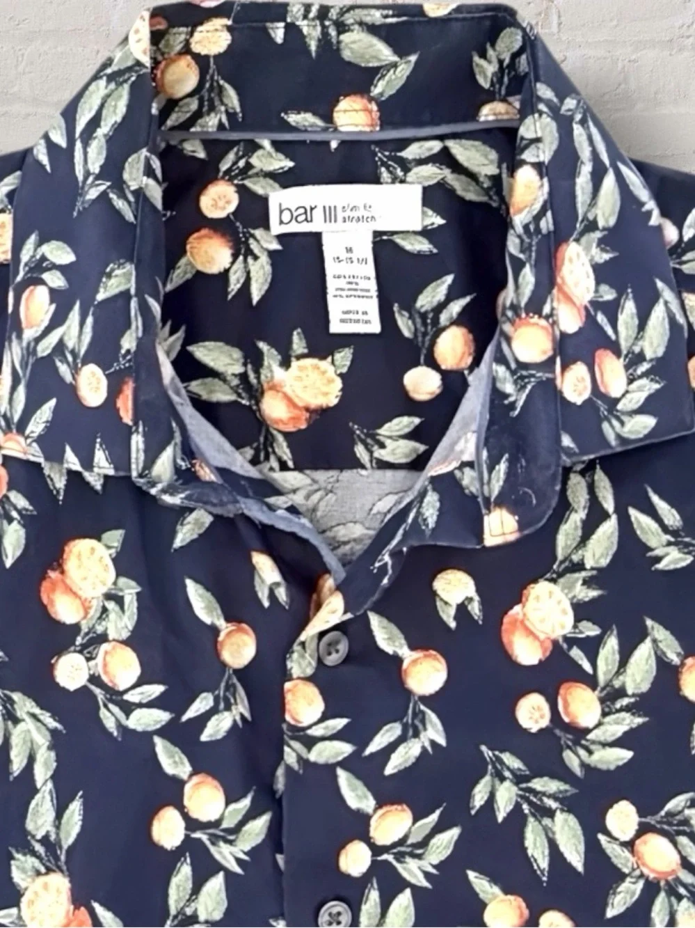 Bar III Mens M 15-15.5 Navy Orange Citrus Print Slim Fit Stretch Dress Shirt